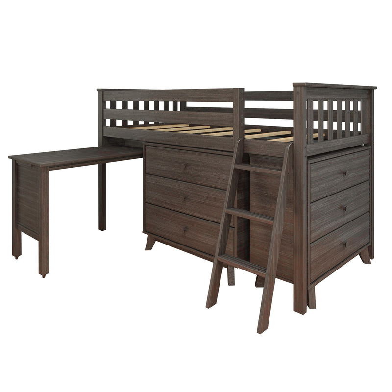 Dark brown wooden loft bed with built-in desk, ladder, under-bed storage drawers and slatted mattress support, modern rustic finish
