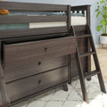 Dark brown wooden twin loft bed with built-in storage drawers and ladder, textured bedding and potted plant in modern kids' bedroom