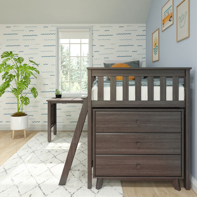 Dark wood loft bed in coastal nursery with blue wave wallpaper, window, potted plant and framed wall art