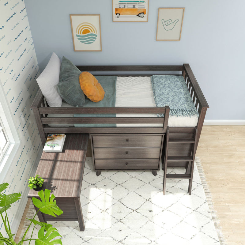 Kids loft bed with built-in desk and drawers, dark wood frame, teal bedding and pillows, coastal nursery decor with wave wallpaper and framed art