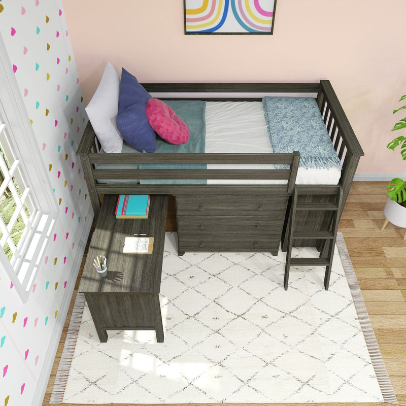 Loft bed with integrated desk and storage drawers in a colorful kids' room, featuring patterned wallpaper and cozy bedding.