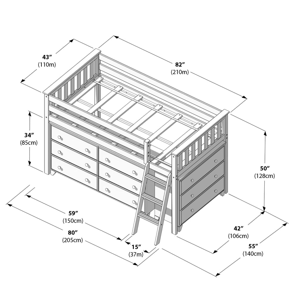 Loft bed with storage drawers and ladder, dimensions in inches and centimeters.