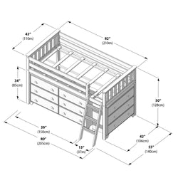 Loft bed with storage drawers and ladder, dimensions in inches and centimeters.