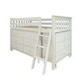 White wooden loft bed with built-in storage drawers and ladder, space-saving children's bed for small bedrooms