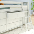 White twin loft bed with built-in drawers and ladder, space-saving storage dresser under bed in modern kids' bedroom with rug and potted plant
