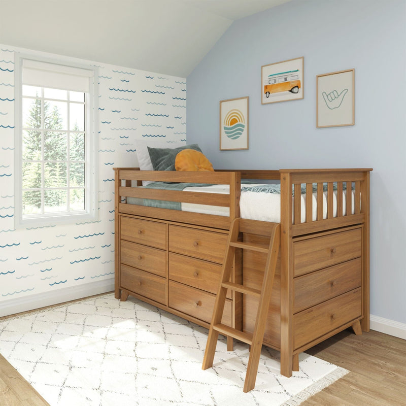 Rustic wooden loft bed with ladder and storage drawers in a stylish kids' room.