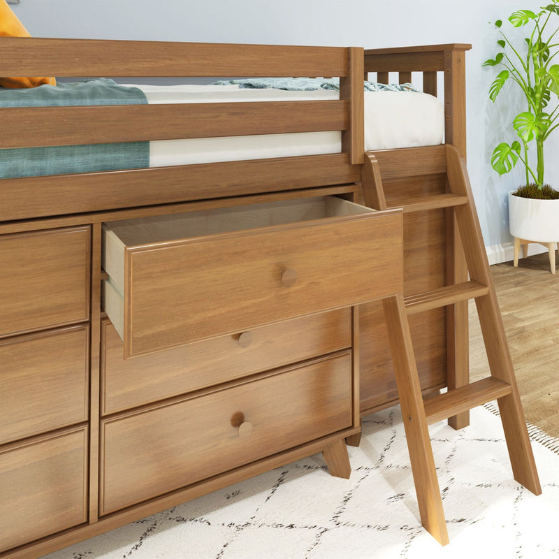 Wooden loft bed with storage drawers and ladder, perfect for maximizing small bedroom space.