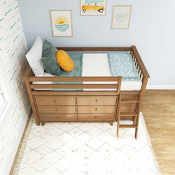 Children's wooden loft bed with drawers, ladder, and cozy pillows, ideal for kids' bedroom furniture.