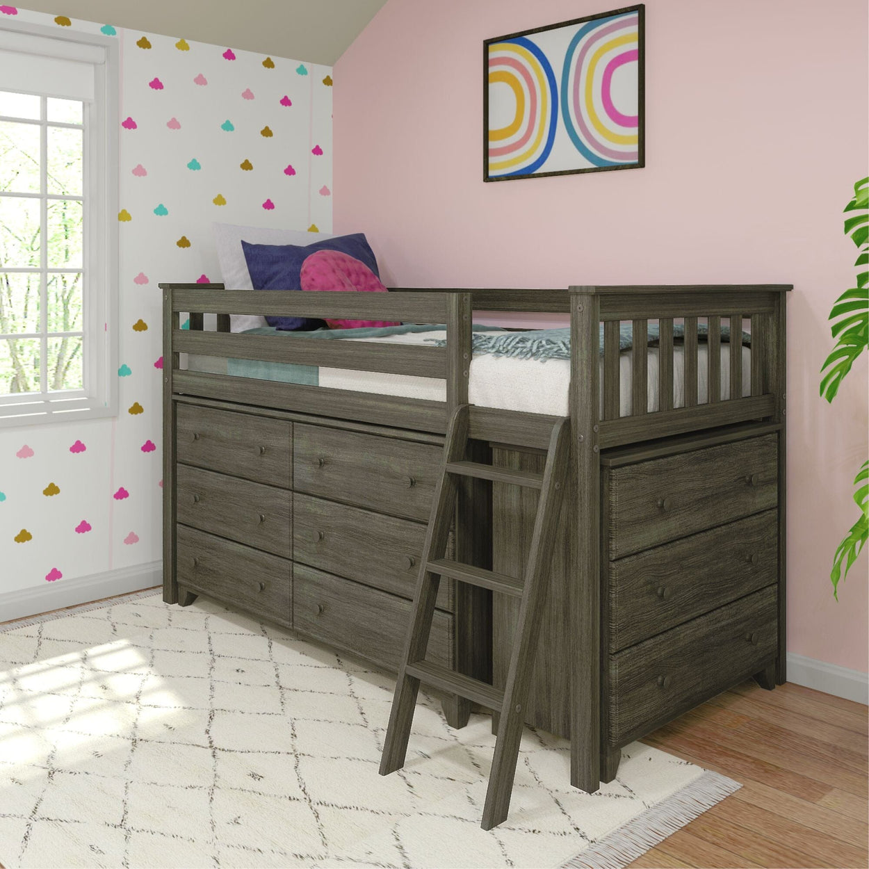 18-3D6D-151 : Loft Beds Twin-Size Low Loft with 3-Drawer and 6-Drawer Dressers, Clay