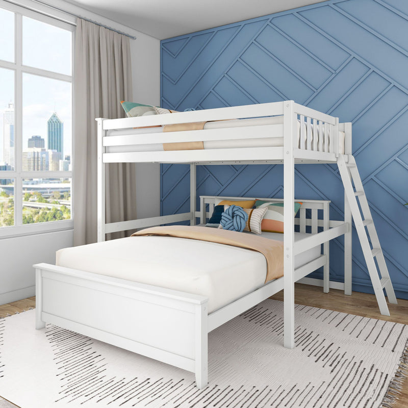 White wooden twin-over-full bunk bed with ladder in a modern kids' bedroom, blue geometric accent wall, city-view window and pastel bedding
