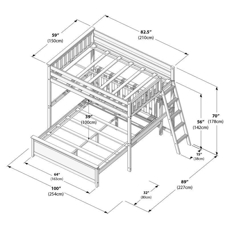 Isometric diagram of a white wooden L-shaped twin-over-full bunk bed with ladder showing detailed measurements in inches and centimeters.
