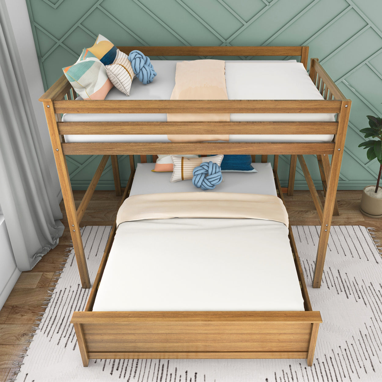 18-733-007 : Bunk Beds L-Shaped Full over Queen Bunk Bed with Ladder on End, Pecan