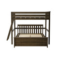 Dark brown wooden bunk bed with ladder, slatted headboard, full-size lower bed and twin upper bunk, rustic bedroom furniture