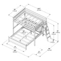 Isometric assembly diagram of a wooden loft bunk bed frame with ladder, guardrails, slatted mattress supports and annotated dimensions in inches and centimeters for installation and product specifications