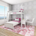 Bright modern children's bedroom with white bunk bed, pink bedding and geometric rug, paneled wall and city‑view window
