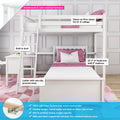 White solid pine loft bunk bed with built-in desk and ladder, pink bedding and pillow, non-slip grooved ladder steps, space-saving kids bedroom furniture