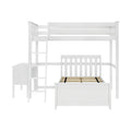 White wooden loft bunk bed with ladder and slatted guardrails, modern kids' bed frame with lower platform
