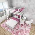 White wooden loft bunk bed with pink bedding and geometric pink rug in a bright modern kids' bedroom with study desk and large window city view