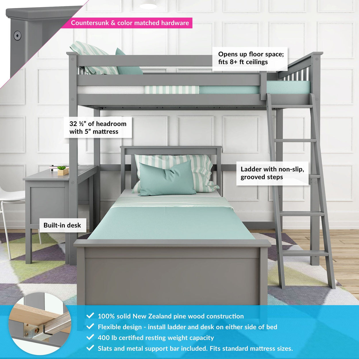 18-801-121 : Bunk Beds L-Shaped Twin over Twin Bunk Bed with Desk, Grey