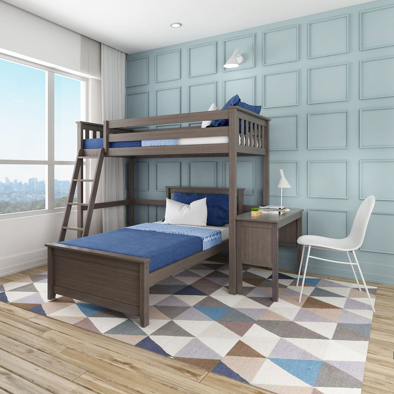 Modern gray wood bunk bed with desk in stylish blue bedroom interior, featuring geometric patterned rug and large window view.