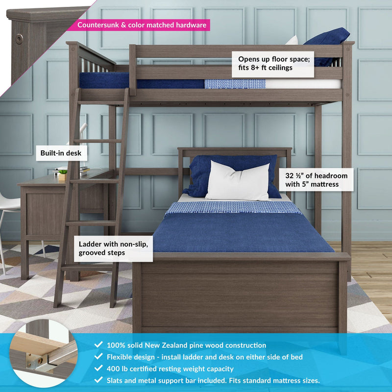 Loft bed with built-in desk, grooved ladder, solid New Zealand pine, and blue bedding, fits standard mattress sizes.