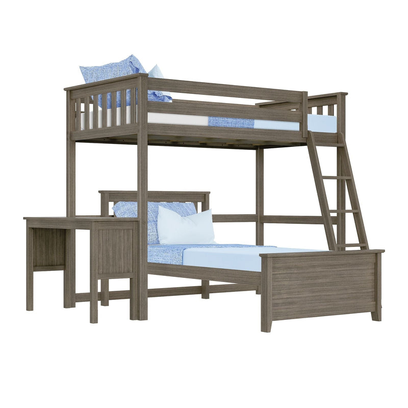 Modern wooden bunk bed with integrated desk and ladder, featuring blue bedding on both top and bottom bunks.