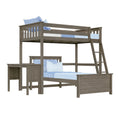 Gray wood twin-over-full bunk bed with ladder and built-in desk, blue bedding — space-saving bedroom set for kids and teens