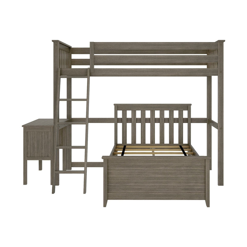 Loft bed with desk and ladder in wooden finish for space-saving bedroom design.