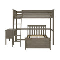Gray wood twin-over-full loft bunk bed with ladder, built-in desk and storage, space-saving kids' bedroom furniture