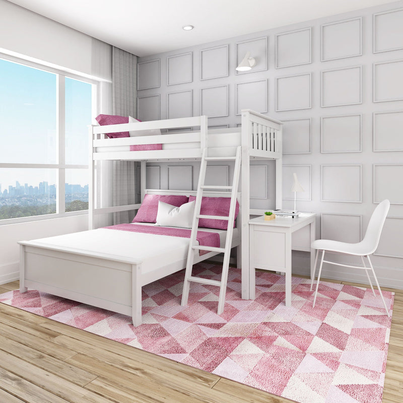 Modern bedroom with white twin-over-full bunk bed, pink bedding and pillows, geometric pink area rug, white desk and chair, large window with city skyline view and wood floors
