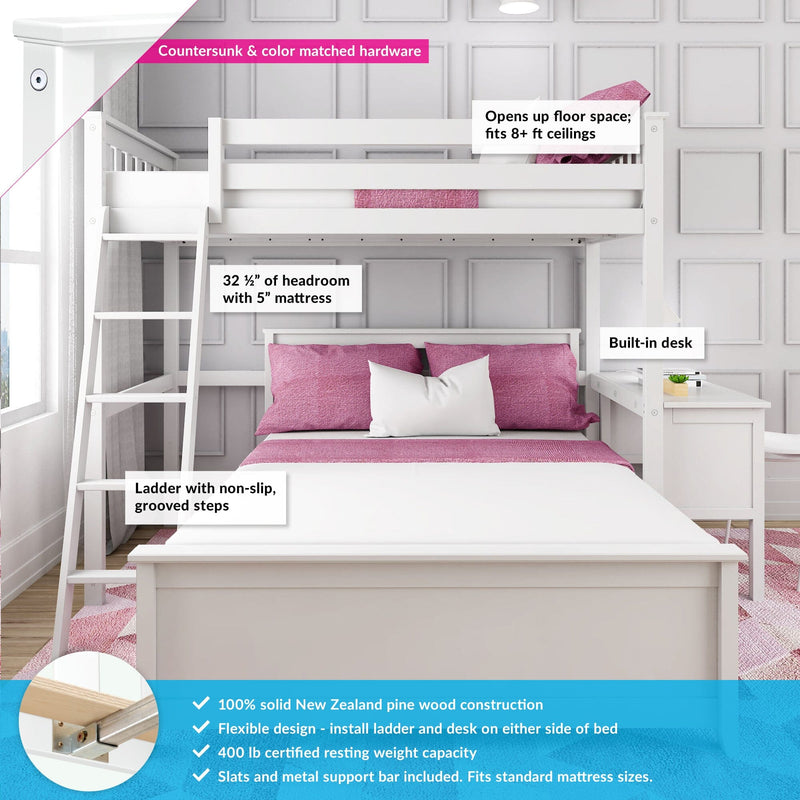 White loft bed with a built-in desk, ladder, and pink bedding, made from solid New Zealand pine wood, ideal for optimizing small spaces and fitting 8+ ft ceilings.