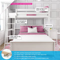 White solid New Zealand pine loft bunk bed with lower bed and upper bunk, built-in desk and ladder, pink bedding, space-saving design