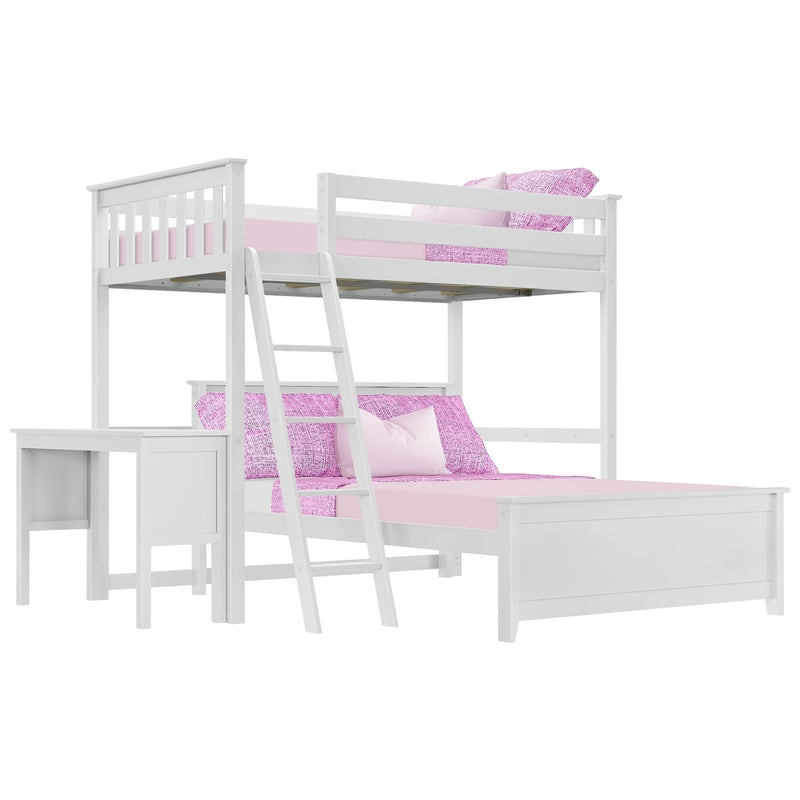 White loft bed with ladder and built-in desk, featuring pink bedding, ideal for kids' bedroom furniture.