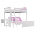 White wooden twin-over-full bunk bed with angled ladder and built-in desk, pink bedding and pillows — space-saving kids' bedroom furniture