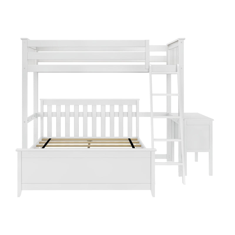White wooden loft bed with built-in ladder and side table.