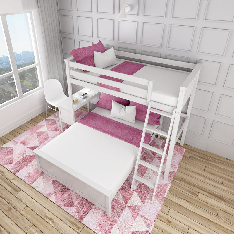 White loft bed with pink and white bedding and rug in a modern, bright room with wood flooring.