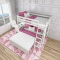White twin-over-full bunk bed with ladder and pink bedding in a modern girls' bedroom, pink geometric rug, wooden floor, desk by window and bright natural light