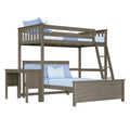 Twin-over-full bunk bed in gray wood with ladder, built-in desk and storage, blue bedding — space-saving kids bedroom furniture