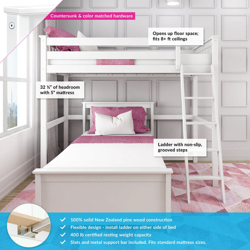 White solid New Zealand pine loft bunk bed with lower twin and upper loft, removable ladder with non-slip grooved steps, pink bedding, fits 8+ ft ceilings, 400 lb capacity, slats and metal support bar included