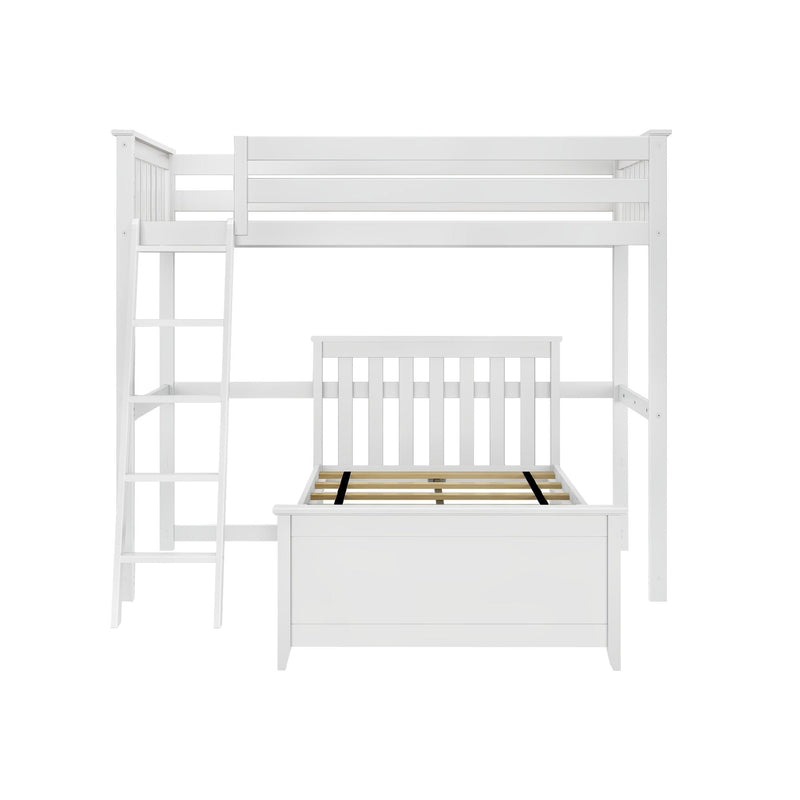 White wooden bunk bed with integrated ladder, ideal space-saving solution for kids' bedrooms.