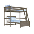 Gray oak twin-over-full wooden bunk bed with ladder and blue bedding, space-saving kids loft bed