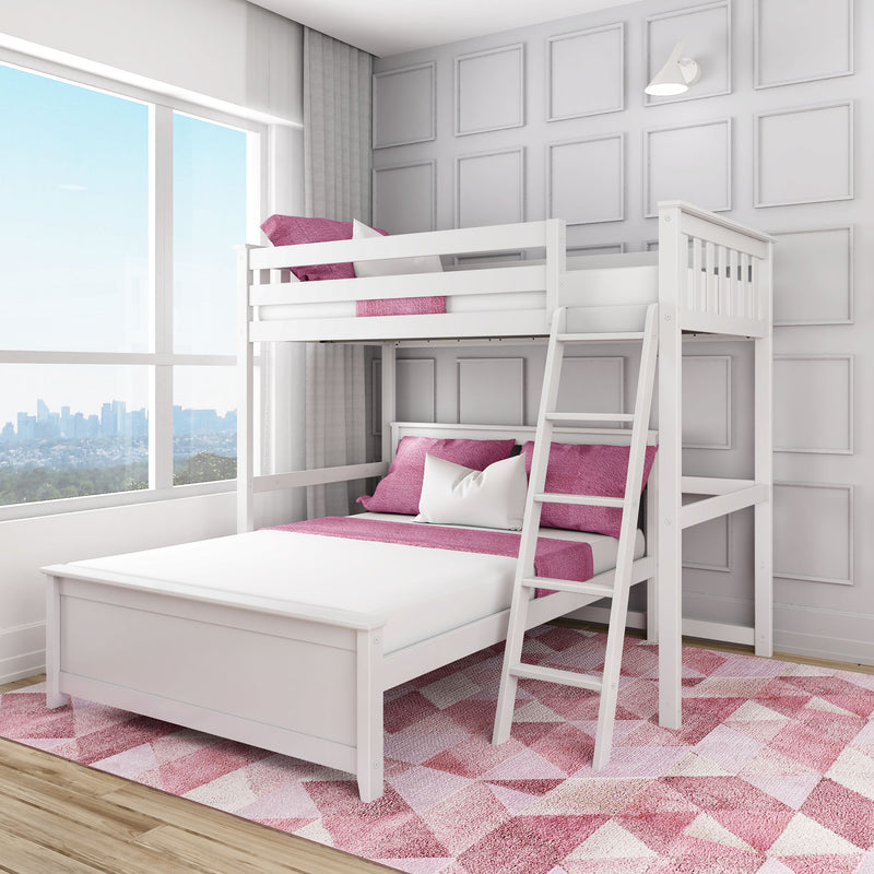 White bunk bed with pink bedding in modern bedroom interior.