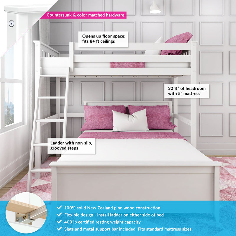 White bunk bed with non-slip ladder, color matched hardware, and pink bedding, fits 8+ ft ceilings, 32 ½" headroom, supports 400 lbs, New Zealand pine wood, flexible ladder installation.