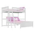 White wooden twin-over-full bunk bed with ladder, pink bedding and pillows, space-saving kids' bedroom furniture