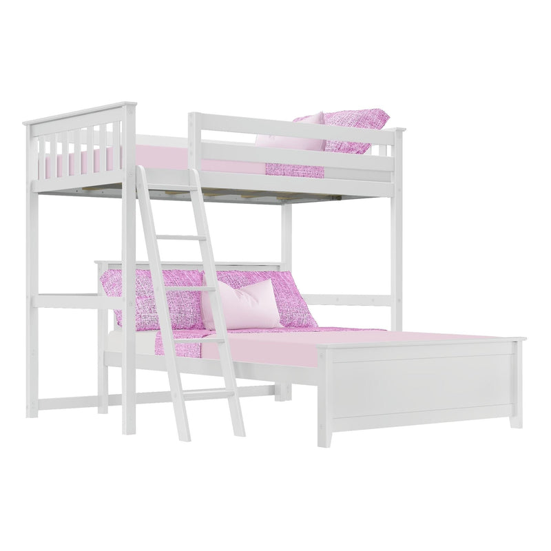White wooden twin-over-full bunk bed with ladder, pink bedding and pillows, space-saving kids' bedroom furniture