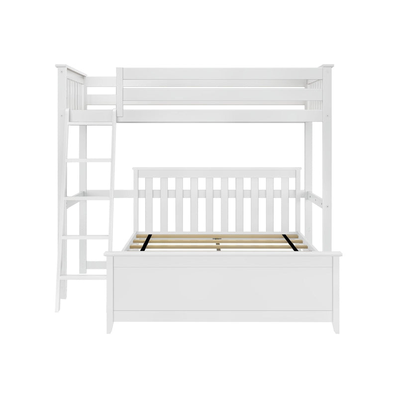 White wooden twin-over-full bunk bed with ladder and slatted headboard and footboard, wood slat mattress support — space-saving bedroom furniture for kids or guest room.