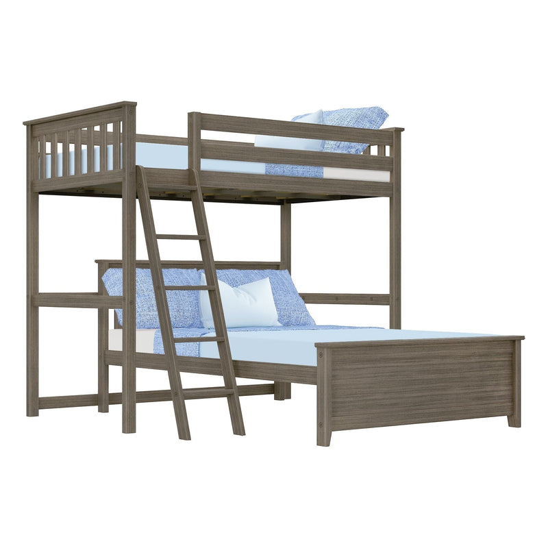 Wooden twin over full bunk bed with ladder and blue bedding set.