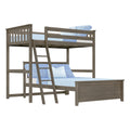 Twin-over-full gray wood bunk bed with ladder and blue bedding, space-saving loft design for modern bedrooms