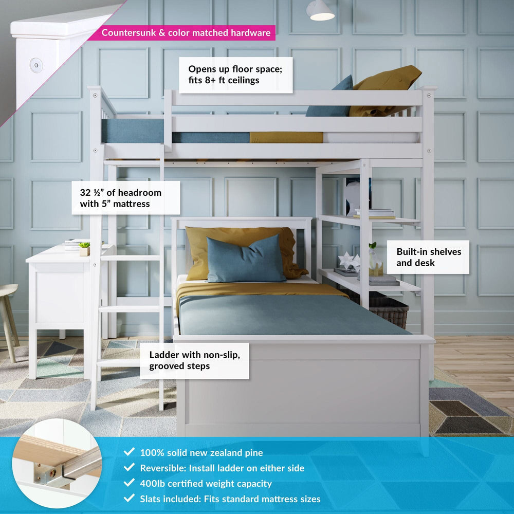 18-901-002 : Bunk Beds L-Shaped Twin Over Twin Bunk Bed With Bookcase & Desk, White