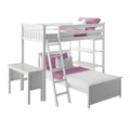 Modern white wooden loft bunk bed for kids with ladder, built-in desk and shelving, twin mattresses and pink accents
